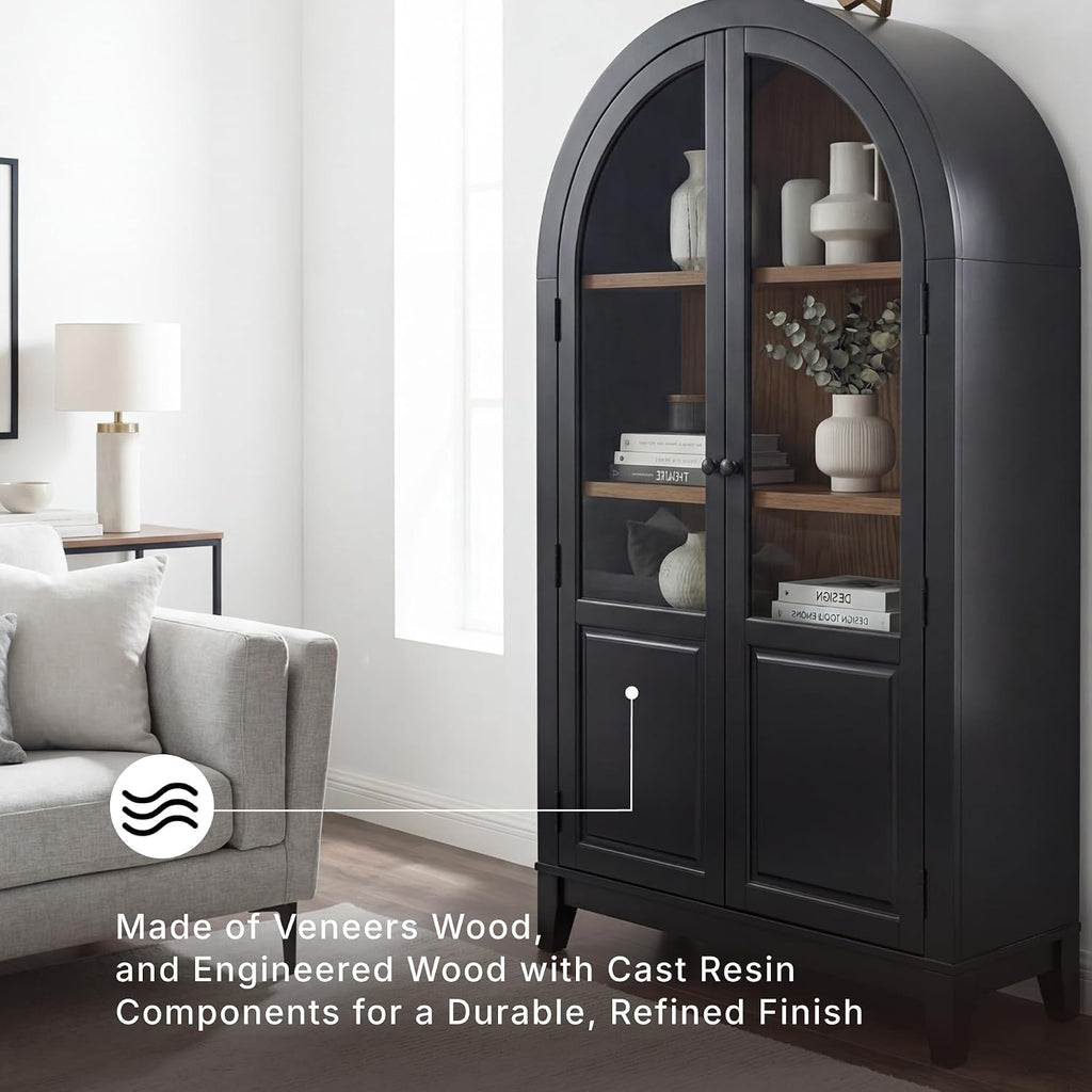 Signature Design by Ashley Tall Arched Display Cabinet, Black/Natural | Tall display console with tempered glass doors and 3 spacious shelves, Easy 15-minute assembly, Dagandale