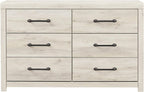 Signature Design by Ashley Cambeck 6 Drawer Dresser, Farmhouse White Wood | 59"W double dresser in engineered wood and decorative laminate, 6 drawers with faux linen lining, Includes tip restraint