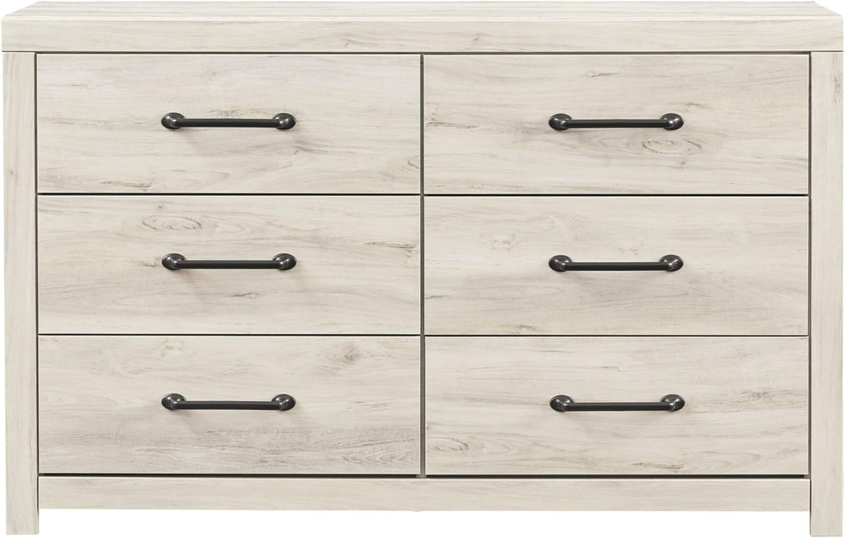 Signature Design by Ashley Cambeck 6 Drawer Dresser, Farmhouse White Wood | 59"W double dresser in engineered wood and decorative laminate, 6 drawers with faux linen lining, Includes tip restraint