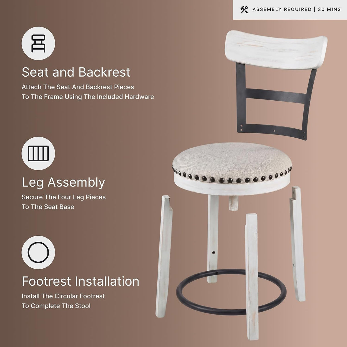 Signature Design by Ashley Valebeck 1-Piece Swivel Barstool, 30 In | Rustic white bar stools, Wood, engineered wood and metal frame, Cushioned polyester seat for pub tables, Farmhouse style