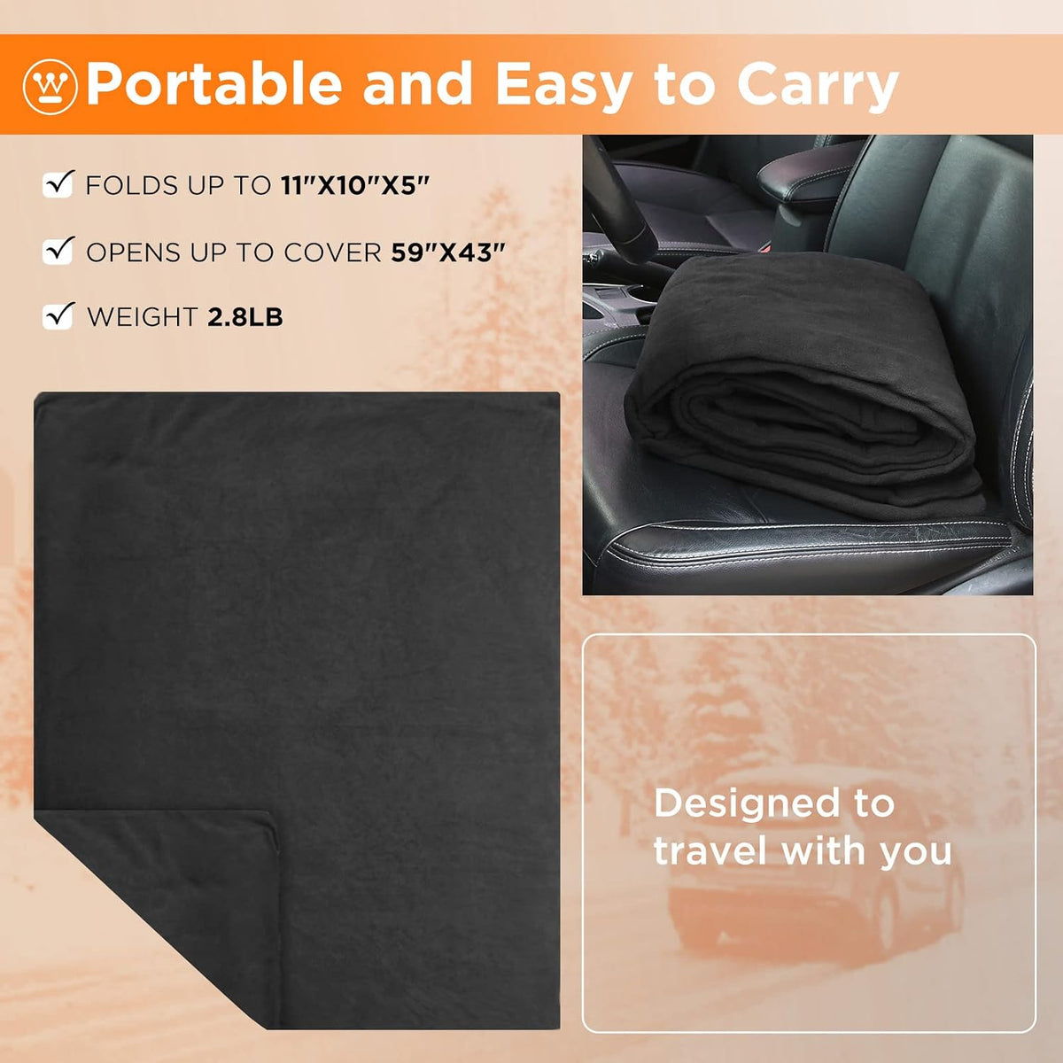 Westinghouse Heated Car Blanket, Charcoal, 59" x 43”