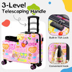 20" Ride On Luggage for Kids,Cute Pattern,Lightweight Hardshell Carry-On Luggage with Double Spinner Wheels,TSA Lock,Circular Handrail,Safety Belt,Foot Pedal,for Boys&Girls,Load Cap. 120 lbs (Pink)