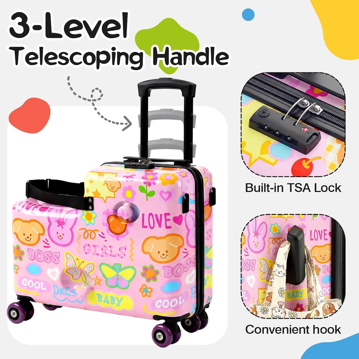 20" Ride On Luggage for Kids,Cute Pattern,Lightweight Hardshell Carry-On Luggage with Double Spinner Wheels,TSA Lock,Circular Handrail,Safety Belt,Foot Pedal,for Boys&Girls,Load Cap. 120 lbs (Pink)