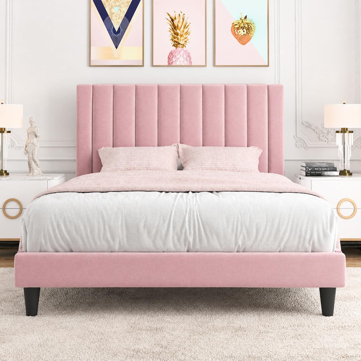 Allewie Queen Bed Frame/Velvet Upholstered Bed Frame with Vertical Channel Tufted Headboard/Strong Wooden Slats/Platform Bed Frame/Mattress Foundation/Box Spring Optional/Easy Assembly/Pink