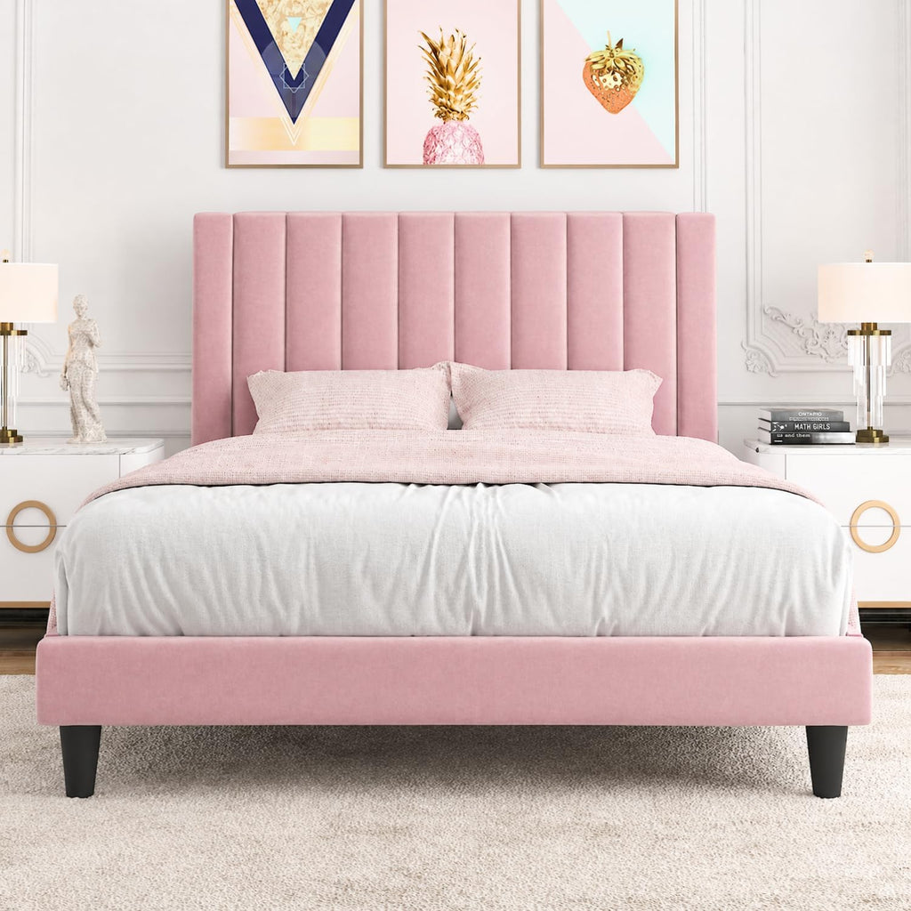Allewie Queen Bed Frame/Velvet Upholstered Bed Frame with Vertical Channel Tufted Headboard/Strong Wooden Slats/Platform Bed Frame/Mattress Foundation/Box Spring Optional/Easy Assembly/Pink