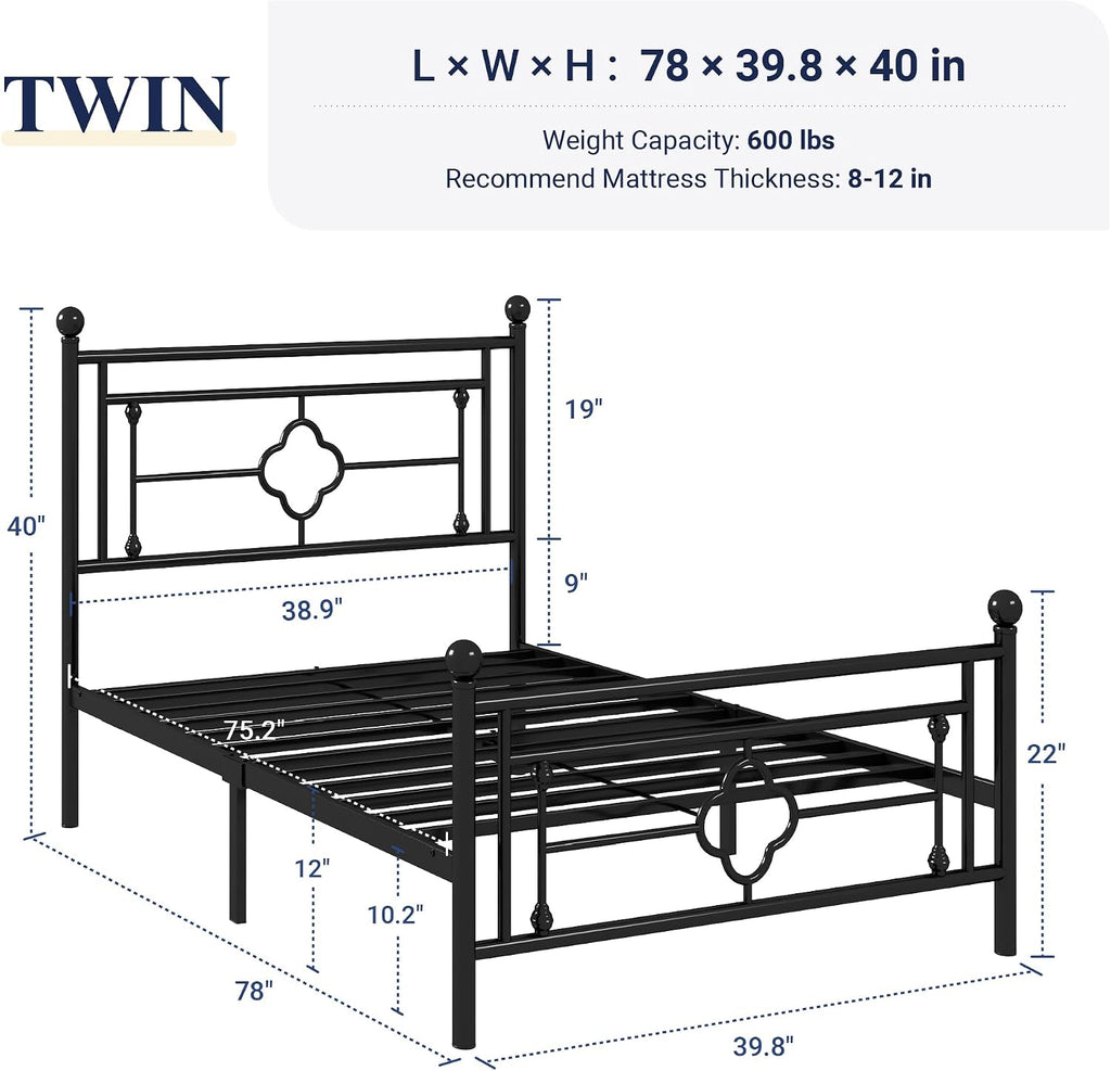 Allewie Twin Size Metal Platform Bed Frame, Victorian Headboard, Black