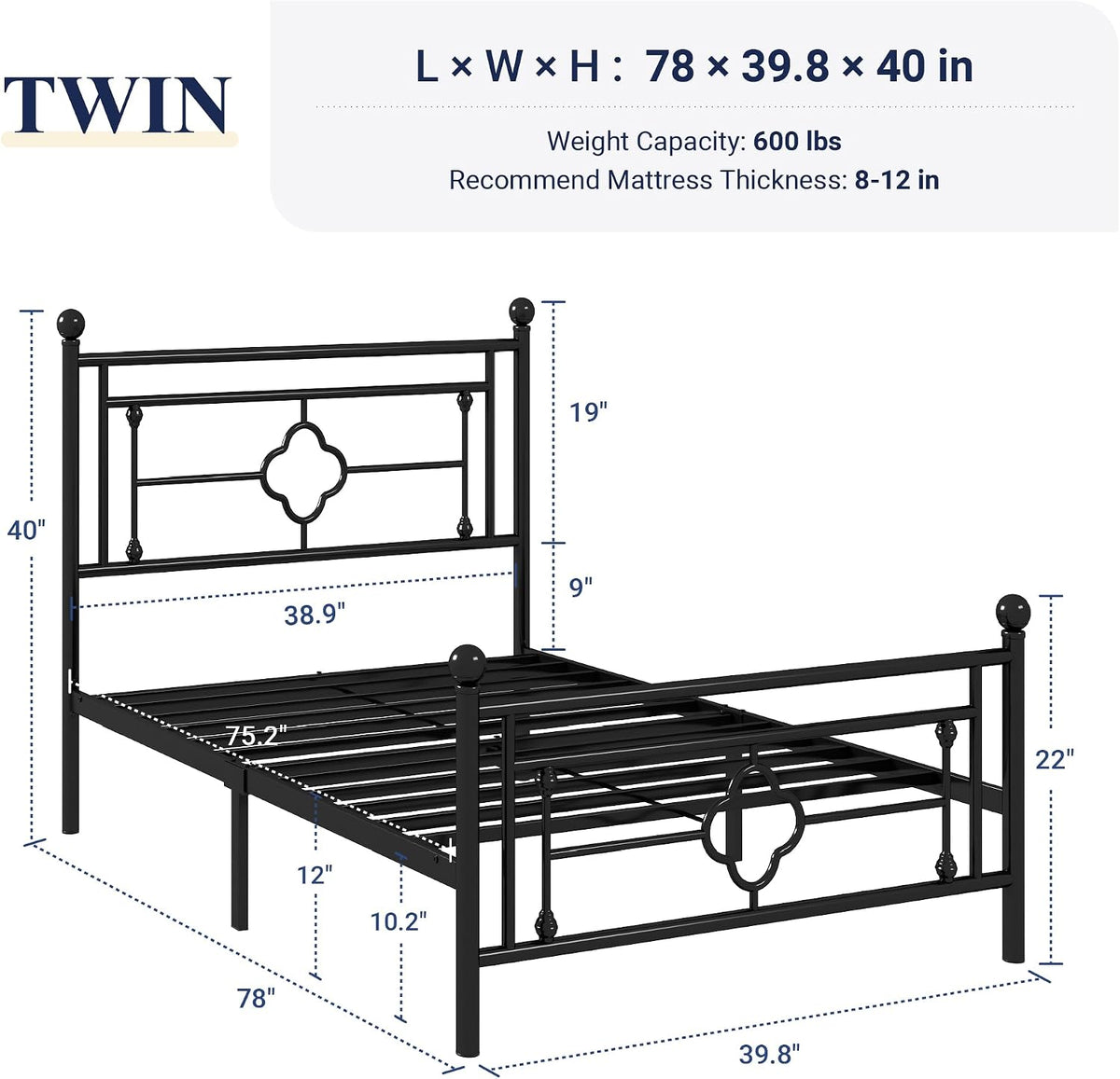 Allewie Twin Size Metal Platform Bed Frame, Victorian Headboard, Black