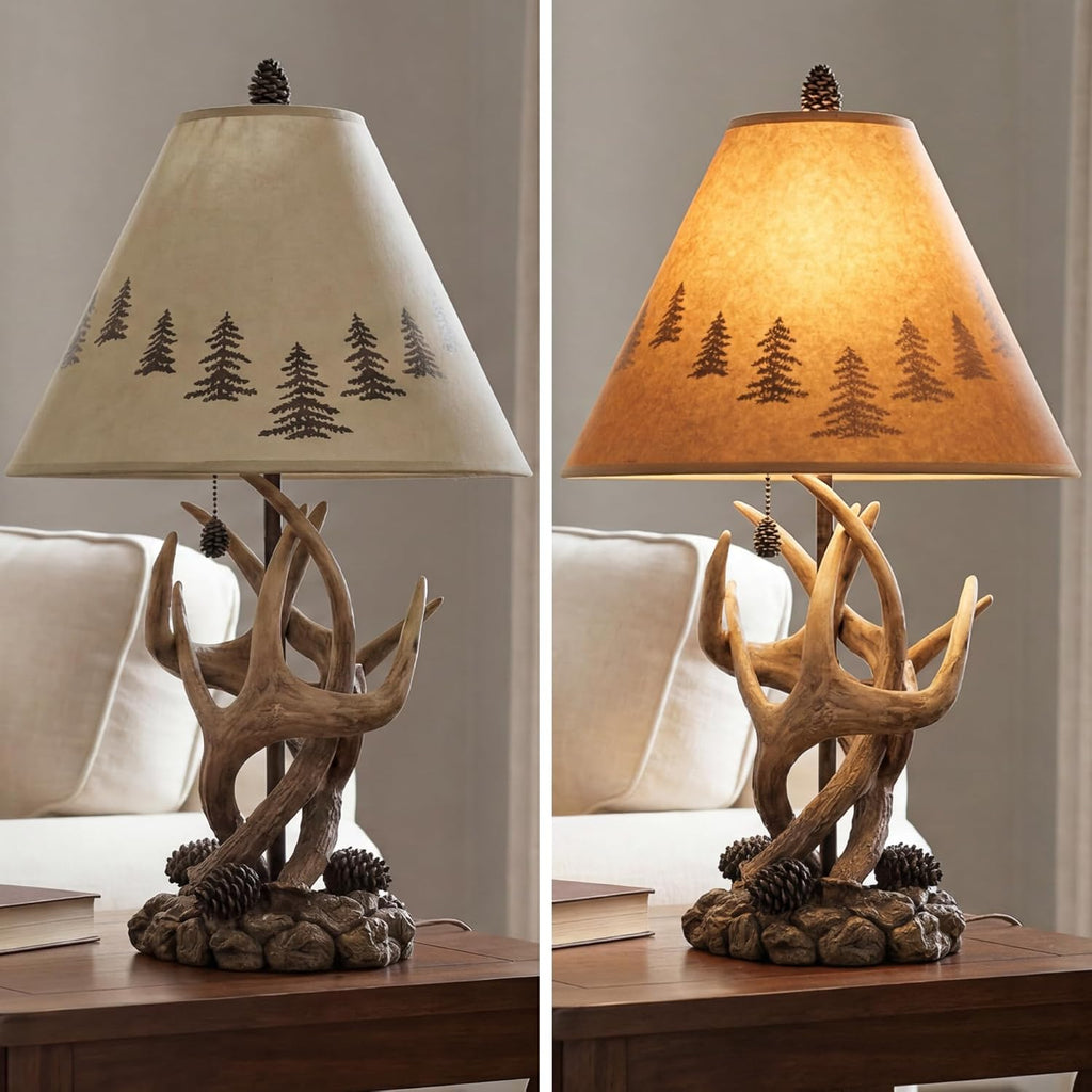 Signature Design by Ashley Derek Rustic Table Lamps, Living Room, Set of 2 | Durable poly resin antler base, Warm translucent paper silhouette shade projecting forest scenes, Rustic cabin style