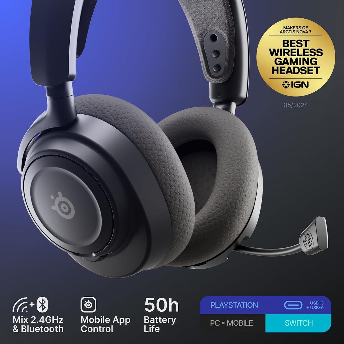 SteelSeries Arctis Nova 7P Wireless Gen 2 - PS5 Headset - Gaming Headset - Mobile App Control - 50+ HR with fast charge - Compatible with PlayStation, PC, Switch & more - Mixable 2.4GHz/Bluetooth