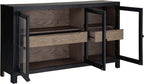 Signature Design by Ashley 60" Black Buffet Accent Cabinet, 3 Glass Doors | Sturdy oak veneer frame, High-contrast warm gray interior, Smooth-glide drawers, Lenston Series