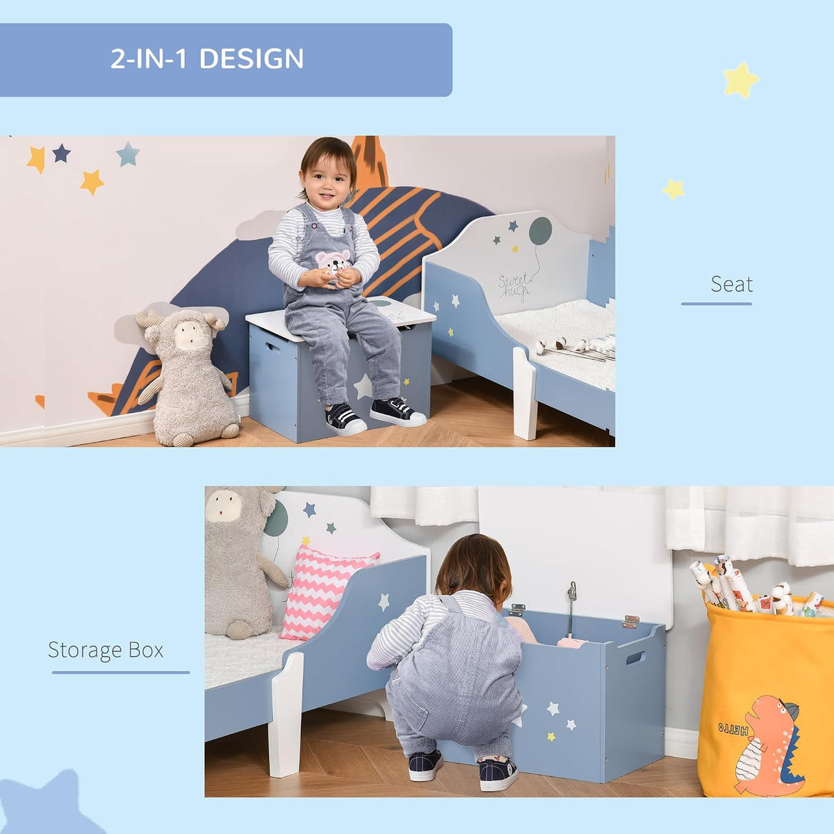 HOMCOM Kids Wooden Toy Box Storage Chest Side Handle Safety Hinge Blue