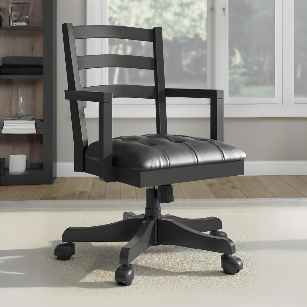 Signature Design by Ashley Wildenauer 1-Piece Swivel Desk Chair, Black | Wood swivel desk chair, Classic ladder back design, Foam cushioned seat, Durable black polyester fabric