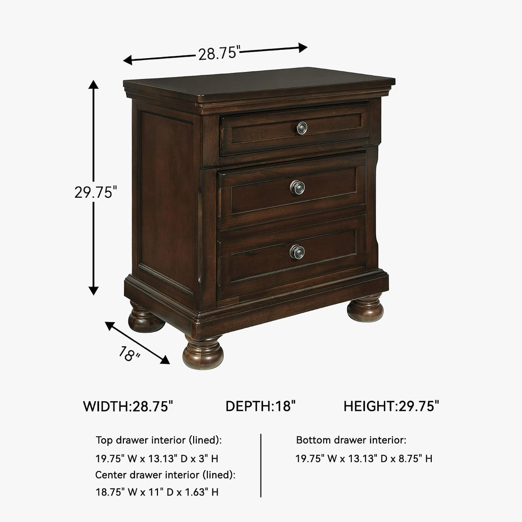 Signature Design by Ashley Porter Traditional Wood Nightstand, Brown | Veneers, wood and engineered wood, 2 smooth-operating drawers, Hidden pull-out tray, Felt bottom, Bun feet
