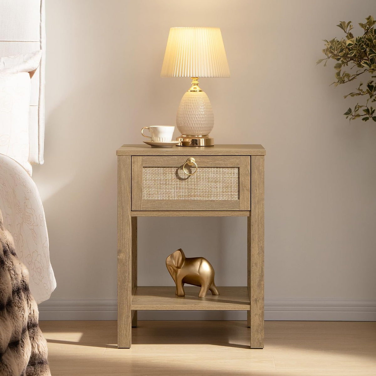 SICOTAS Rattan Nightstand Set of 2 with Storage Shelf, Boho Bedside Tables
