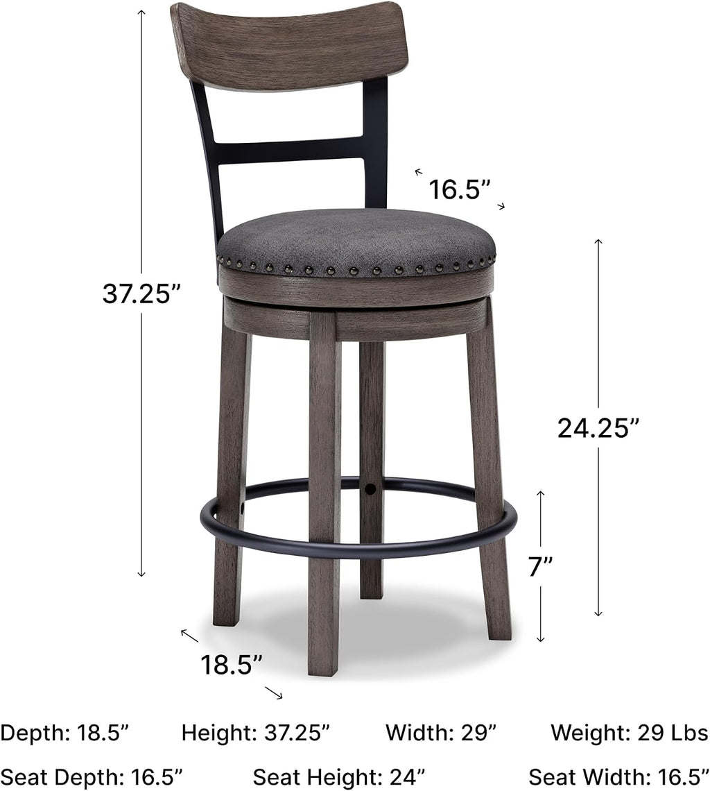 Signature Design by Ashley 1-Piece Swivel Counter Height Bar Stool, Gray | 24-inch seat height, Solid wood base, Metal back supports, Easy-clean polyester upholstery, Nailhead trim, Caitbrook Series