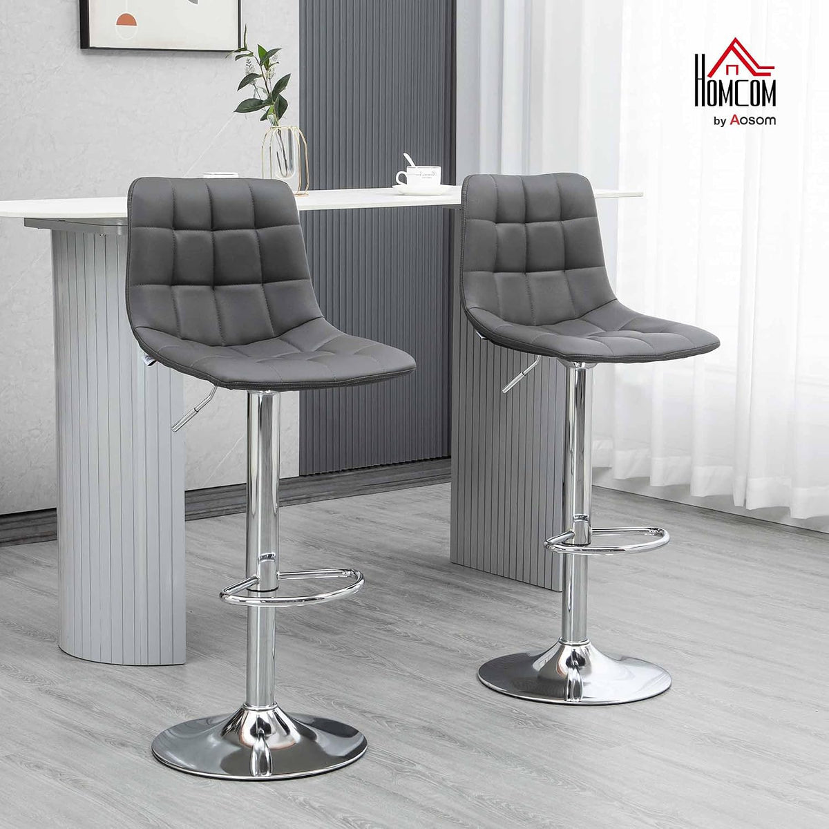 HOMCOM Adjustable Bar Stools Set of 2 Swivel for Kitchen Counter Grey