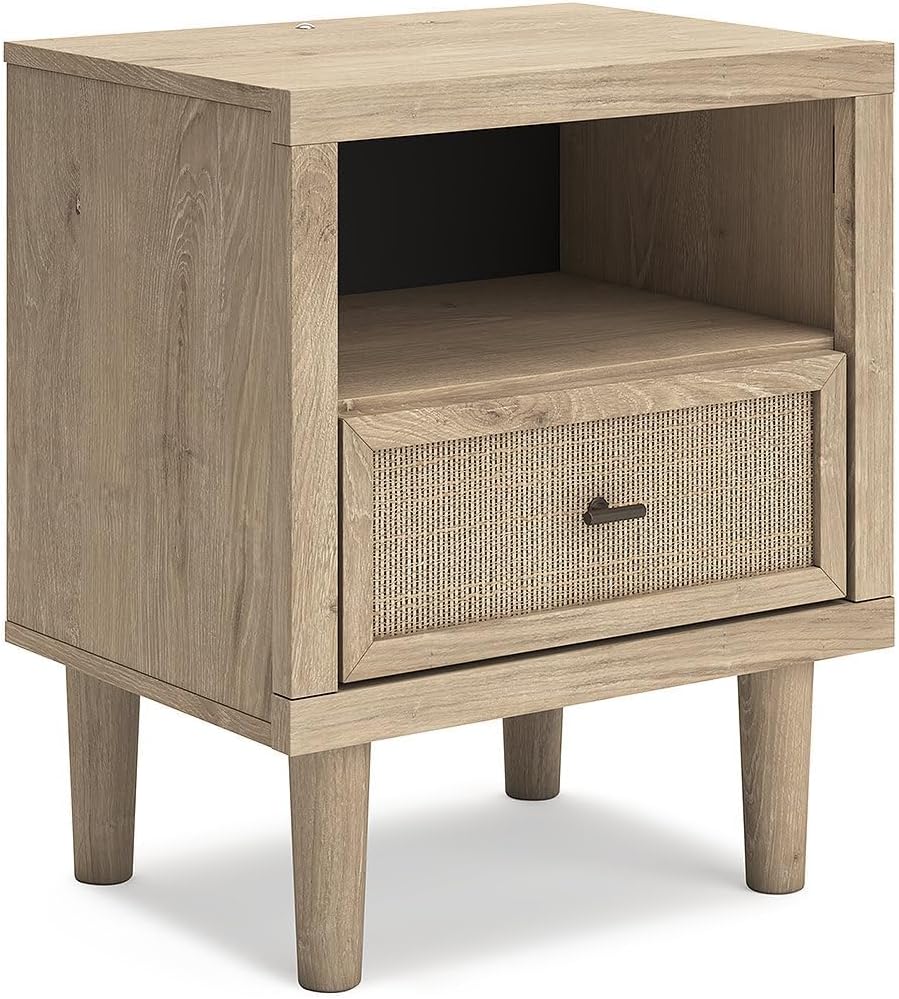 Signature Design by Ashley Cielden Light Brown 1-Drawer USB Nightstand | Two-tone replicated oak and faux cane print, Built-in wireless charging and LED base, Contemporary style for bedrooms