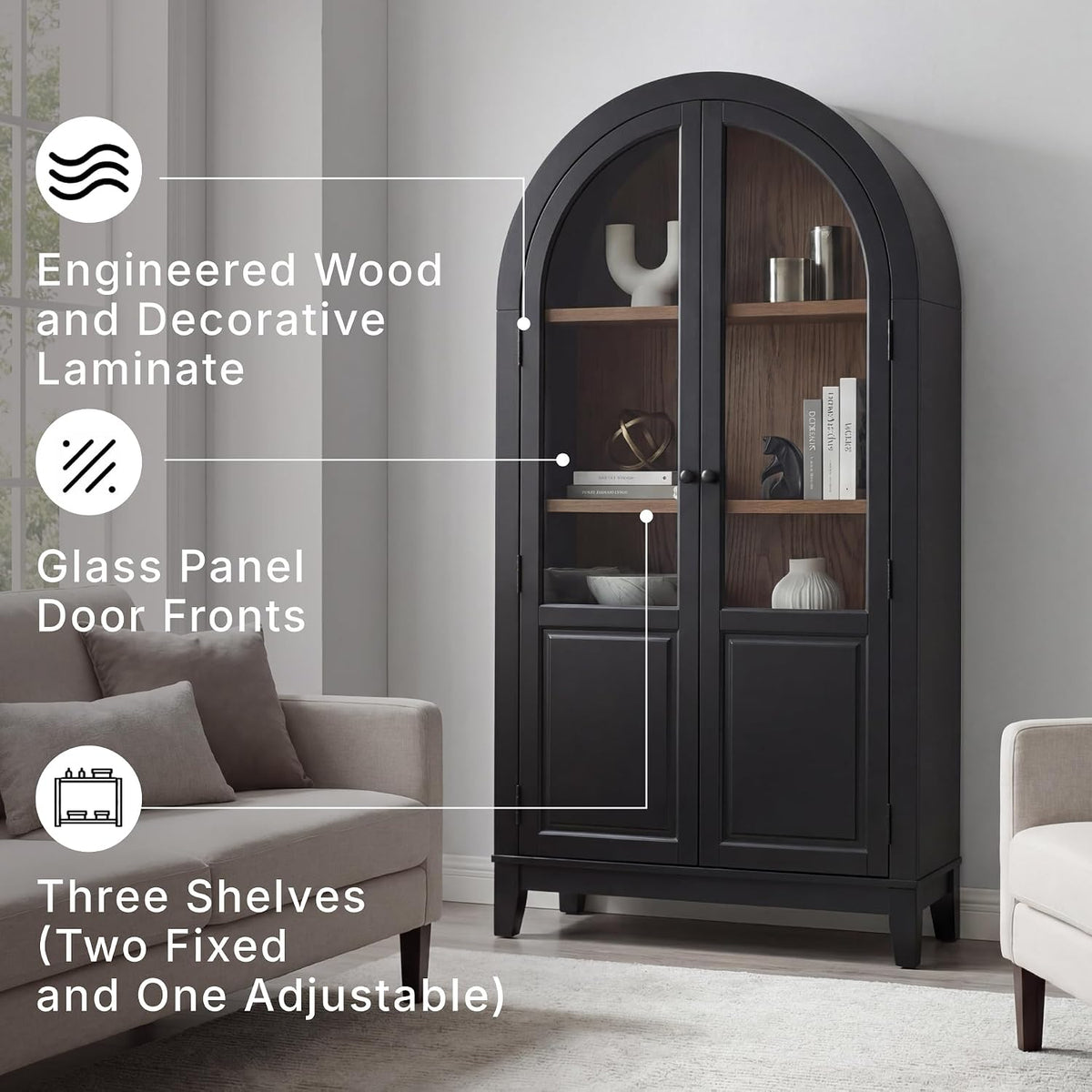 Signature Design by Ashley Tall Arched Display Cabinet, Black/Natural | Tall display console with tempered glass doors and 3 spacious shelves, Easy 15-minute assembly, Dagandale