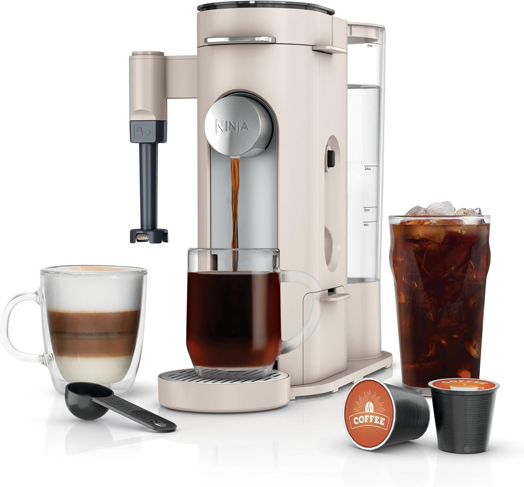 Ninja Pod & Grounds, XL Coffee Maker, K-Cup Compatible, Stone, PB055AST | Brews Grounds, Compact Design, Built-In Milk Frother, 68-oz. Reservoir, 6-oz. Cup to 24-oz. Mug Sizes