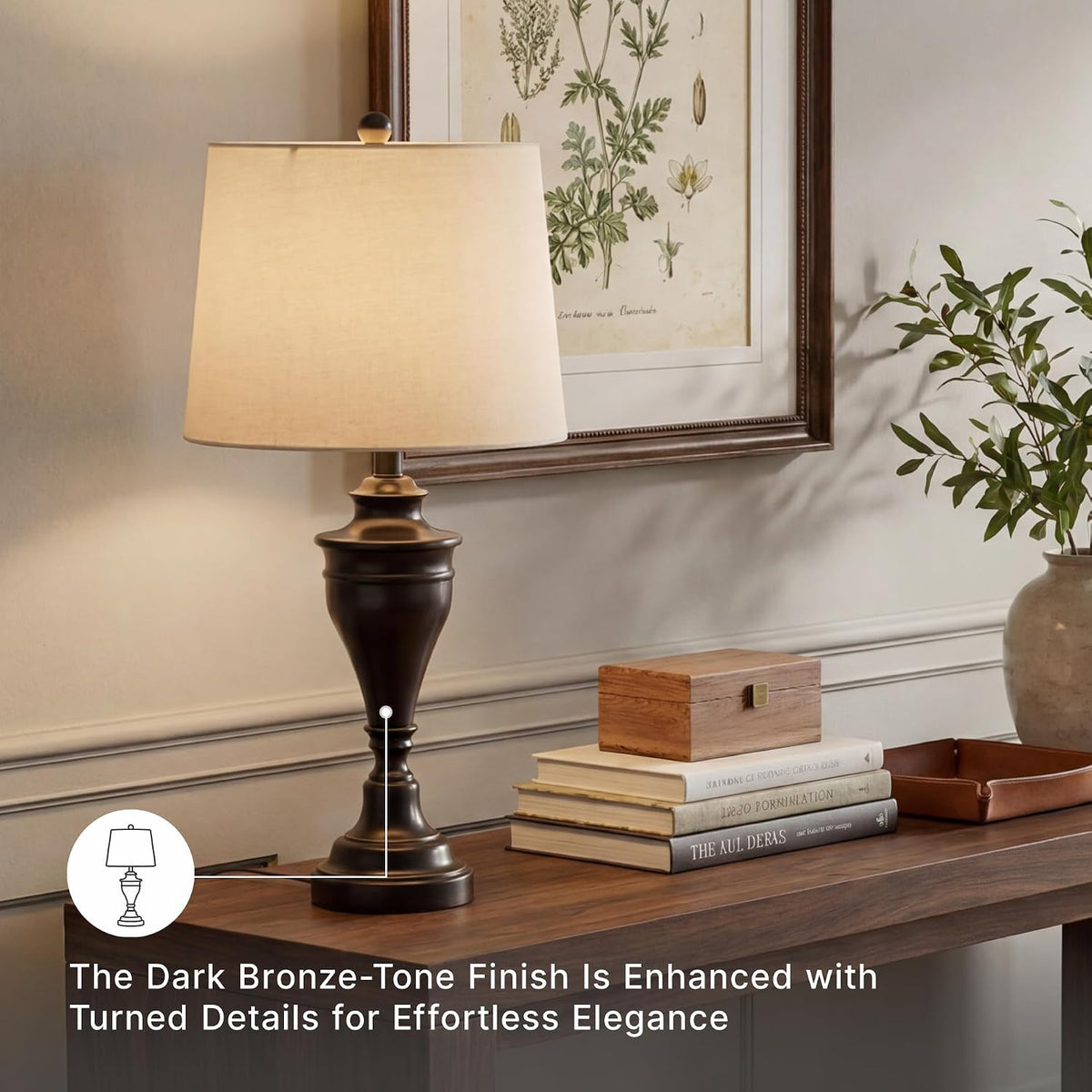 Signature Design by Ashley Table Lamp Set of 2, Dark Bronze | Fabric hardback shade, 28.5 inches tall, Traditional double pillar base, 3-way switch, Living room use, Darlita Series