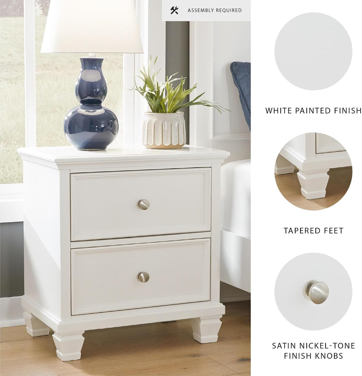 Signature Design by Ashley Fortman White Nightstand, 2 Drawer Storage, Hardwood Solids and MDF Construction, Traditional Wood Bedside Table, 25" W | Hardwood solids and MDF substrate, Smooth-gliding closed storage, Ideal for master and guest rooms