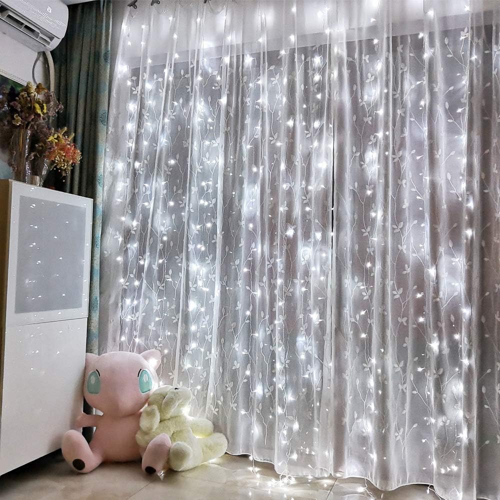 Honche 300Led Fairy Curtain String Lights 10x10ft with Remote Window Lights for Bedroom Wedding Party Festive Season Propose Christmas Decoration(Warm White)