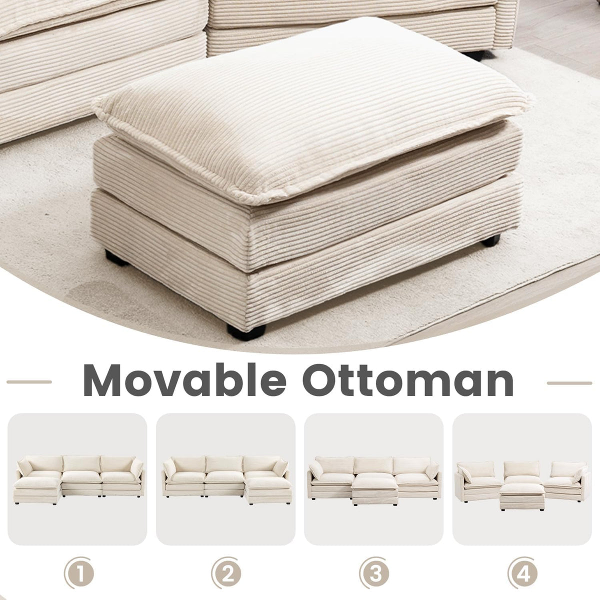 ROWHY 112'' Sectional Modular Cloud Couch, Oversized 5 Seat Couches U Shaped Sofa with 2 Movable Ottomans, 2 Throw Pillows, Upholstered Corduroy U Shape Comfy Deep Couches for Living Room, Beige