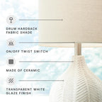 Signature Design by Ashley Rainermen Ceramic Table Lamp, 21", Off White | Textured herringbone base, Transparent white glaze, Hardback fabric drum shade, Bedside use, 92.5-inch cord, E26 socket