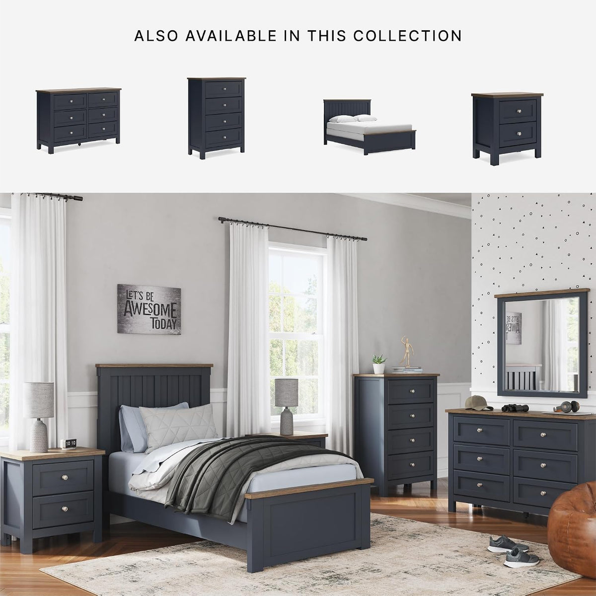 Signature Design by Ashley Kids Full Wood Panel Bed Frame, Blue & Brown | Traditional Shaker style silhouette, Two-tone slate blue and light brown finish, Box spring required, Landocken Series