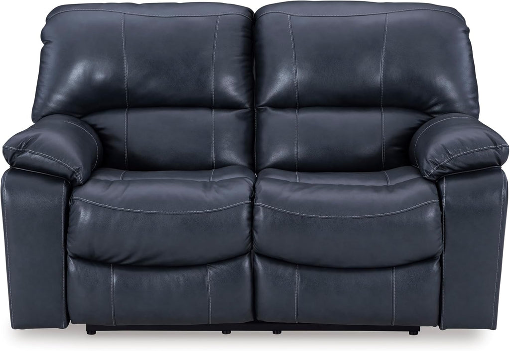Signature Design by Ashley Leesworth Power Reclining Loveseat, Ocean Blue | Space-saving zero wall design, Top grain leather touchpoints, Built-in zero-draw USB ports, 32 in minimum doorway width
