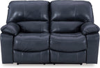 Signature Design by Ashley Leesworth Power Reclining Loveseat, Ocean Blue | Space-saving zero wall design, Top grain leather touchpoints, Built-in zero-draw USB ports, 32 in minimum doorway width