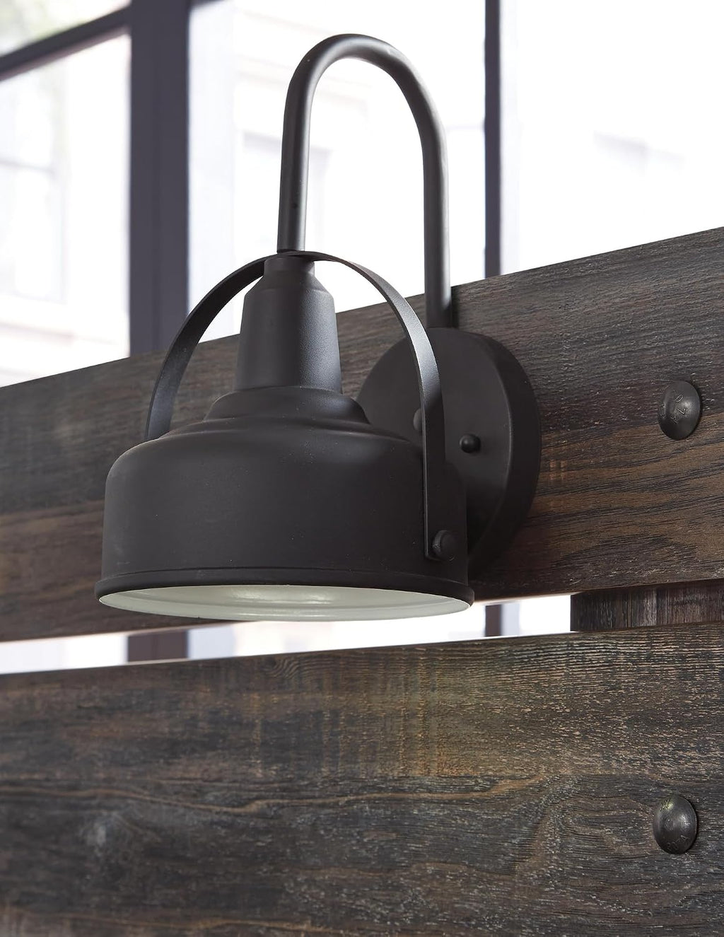 Signature Design by Ashley Drystan King Panel Headboard, Brown | Engineered wood laminate, Built-in LED sconces, Dual USB charging ports, Rustic industrial style