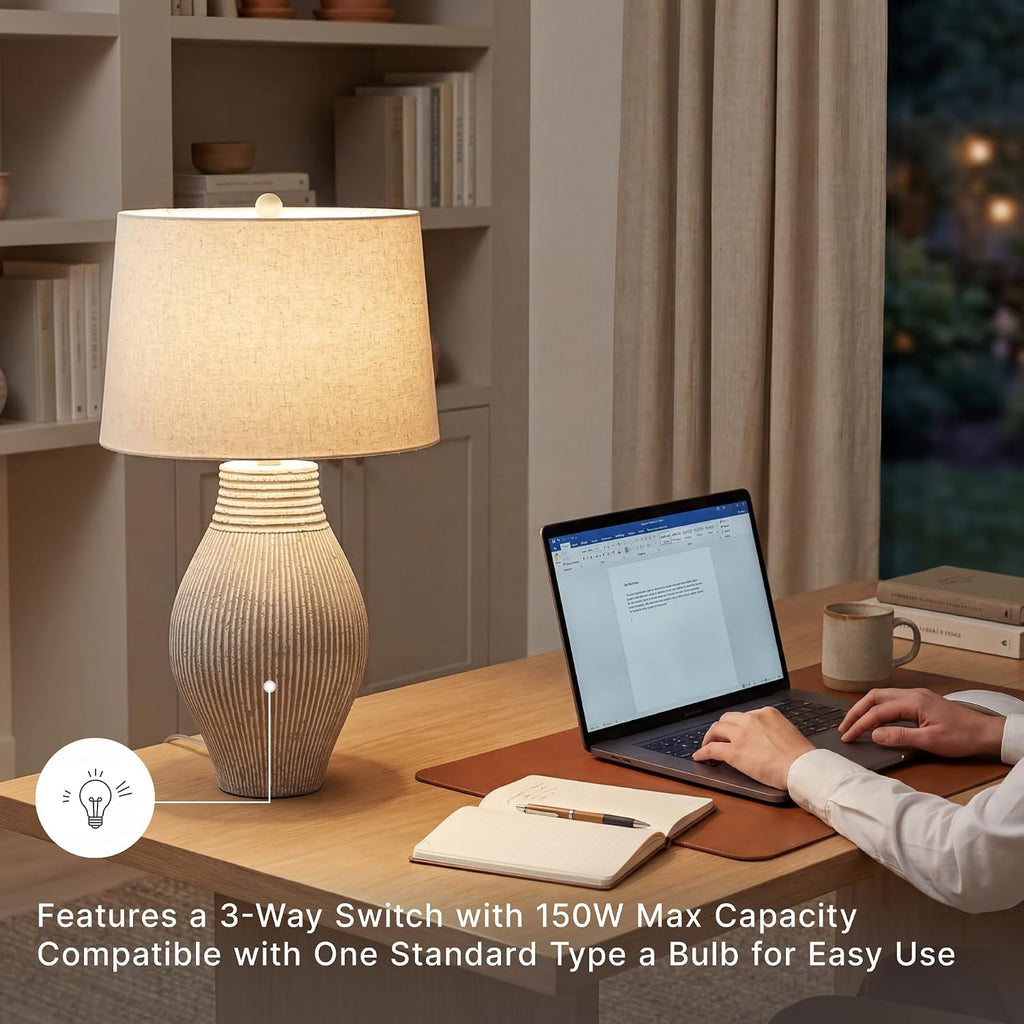 Signature Design by Ashley Layal 29" Table Lamp, Living Room, Beige | Textured paper composite base with 16-inch modified drum shade, 3-way switch for side accents, Stable 10-lb base