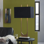 Signature Design by Ashley Table Lamp, Tall Modern Marble, Black and Brass | 32.75-inch open metal frame with brass-tone and black finish, White marble base with black fabric shade, Malana Series