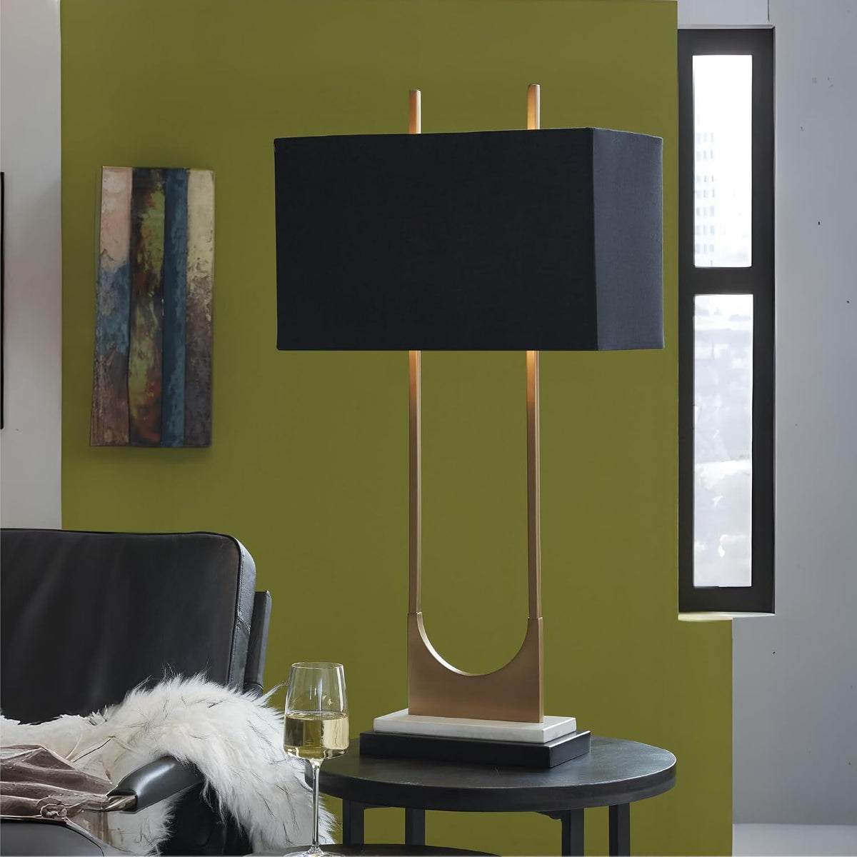 Signature Design by Ashley Table Lamp, Tall Modern Marble, Black and Brass | 32.75-inch open metal frame with brass-tone and black finish, White marble base with black fabric shade, Malana Series