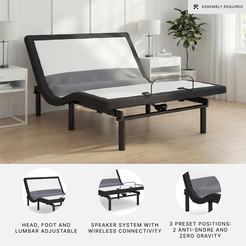 Signature Design by Ashley Adjustable Bed Frame Full Size with Audio | Sturdy metal adjustable bed with lumbar support, Built-in massage and wireless speakers, Charcoal gray upholstery