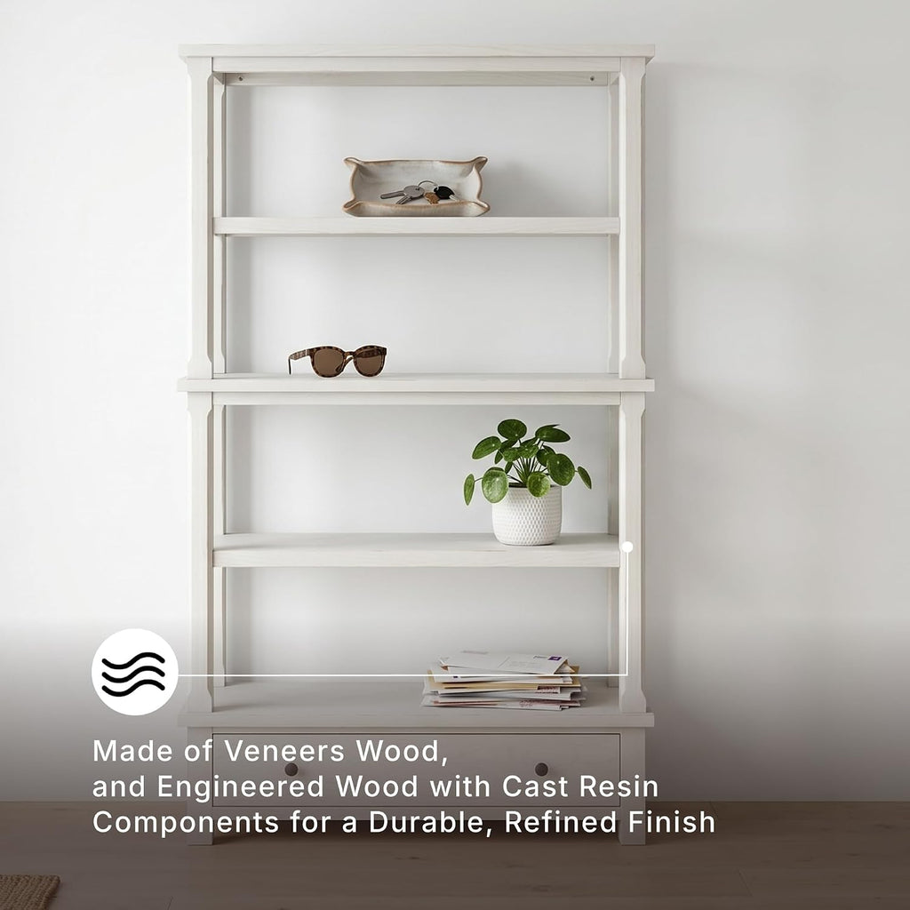 Signature Design by Ashley Robbinsdale 75" Farmhouse Bookcase with Drawer | Hardwood solids and oak veneer, 75 inch tall bookshelf with drawer, Antique white finish, 14 to 17 inch deep fixed shelves