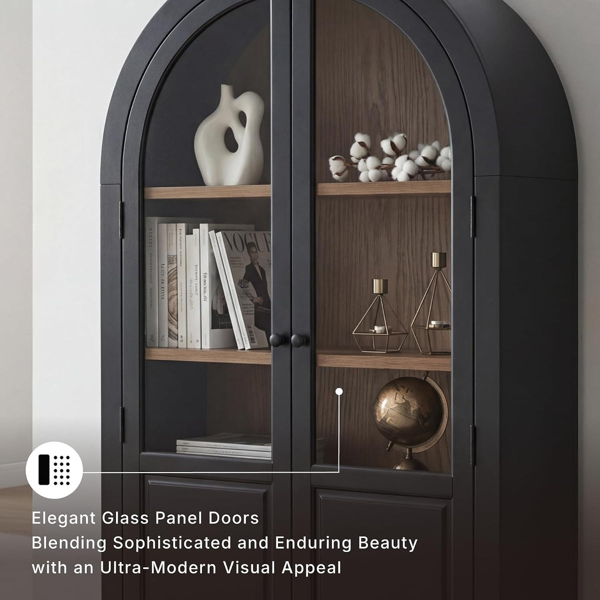Signature Design by Ashley Tall Arched Display Cabinet, Black/Natural | Tall display console with tempered glass doors and 3 spacious shelves, Easy 15-minute assembly, Dagandale