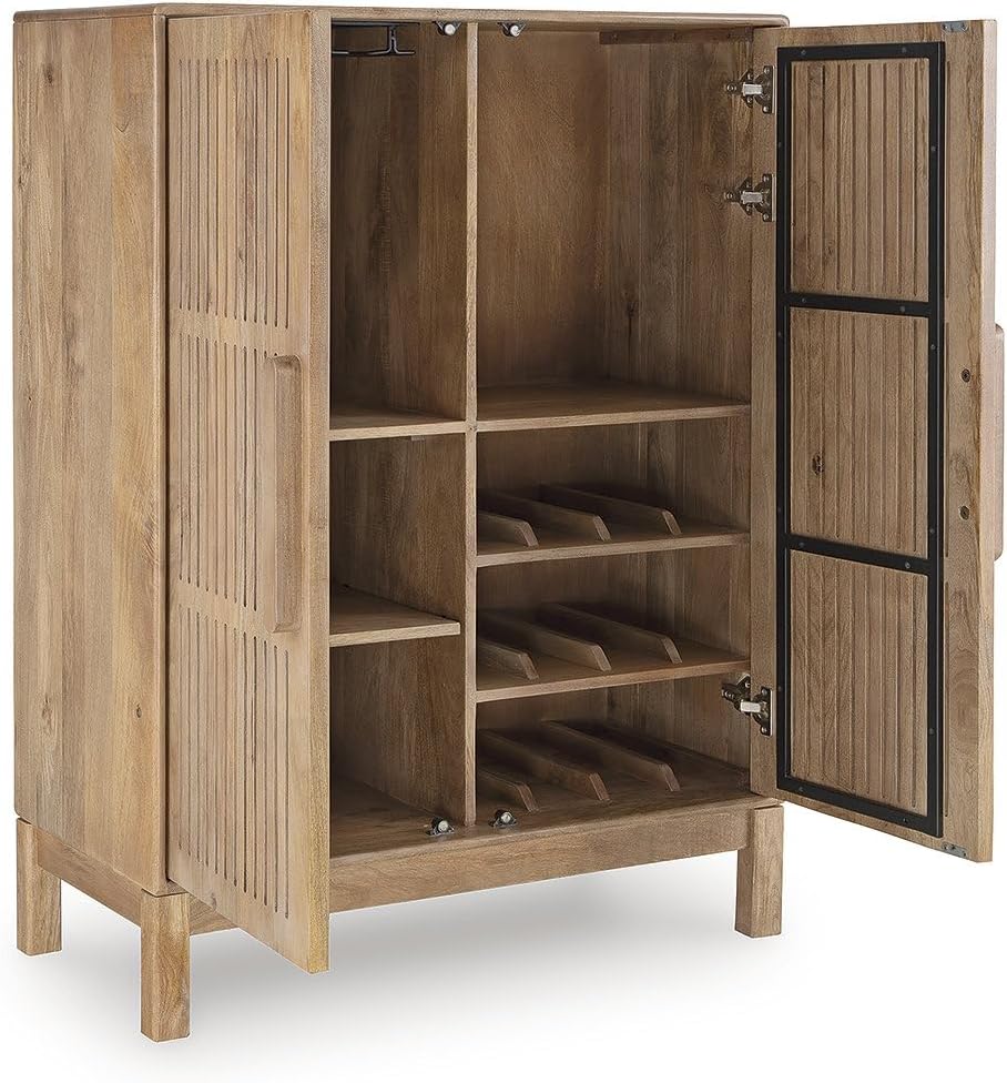 Signature Design by Ashley Solid Mango & Engineered Wood Bar Cabinet | Solid mango wood liquor cabinet, Built-in bottle and stemware racks, Minor assembly for lounges, Pellamour Series