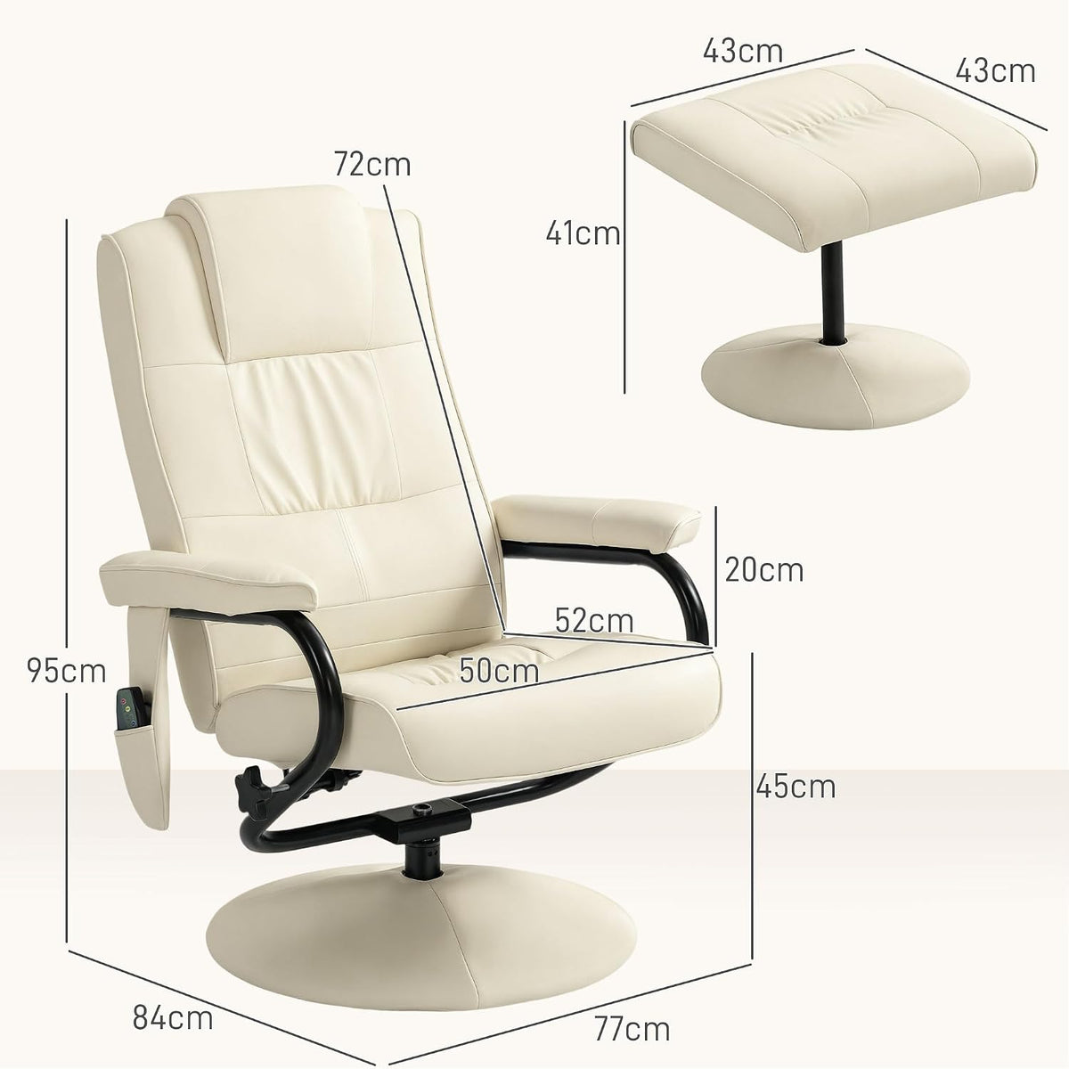 HOMCOM Swivel Recliner Chair and Footstool, Massage Recliner, Cream White