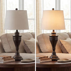 Signature Design by Ashley Table Lamp Set of 2, Dark Bronze | Fabric hardback shade, 28.5 inches tall, Traditional double pillar base, 3-way switch, Living room use, Darlita Series