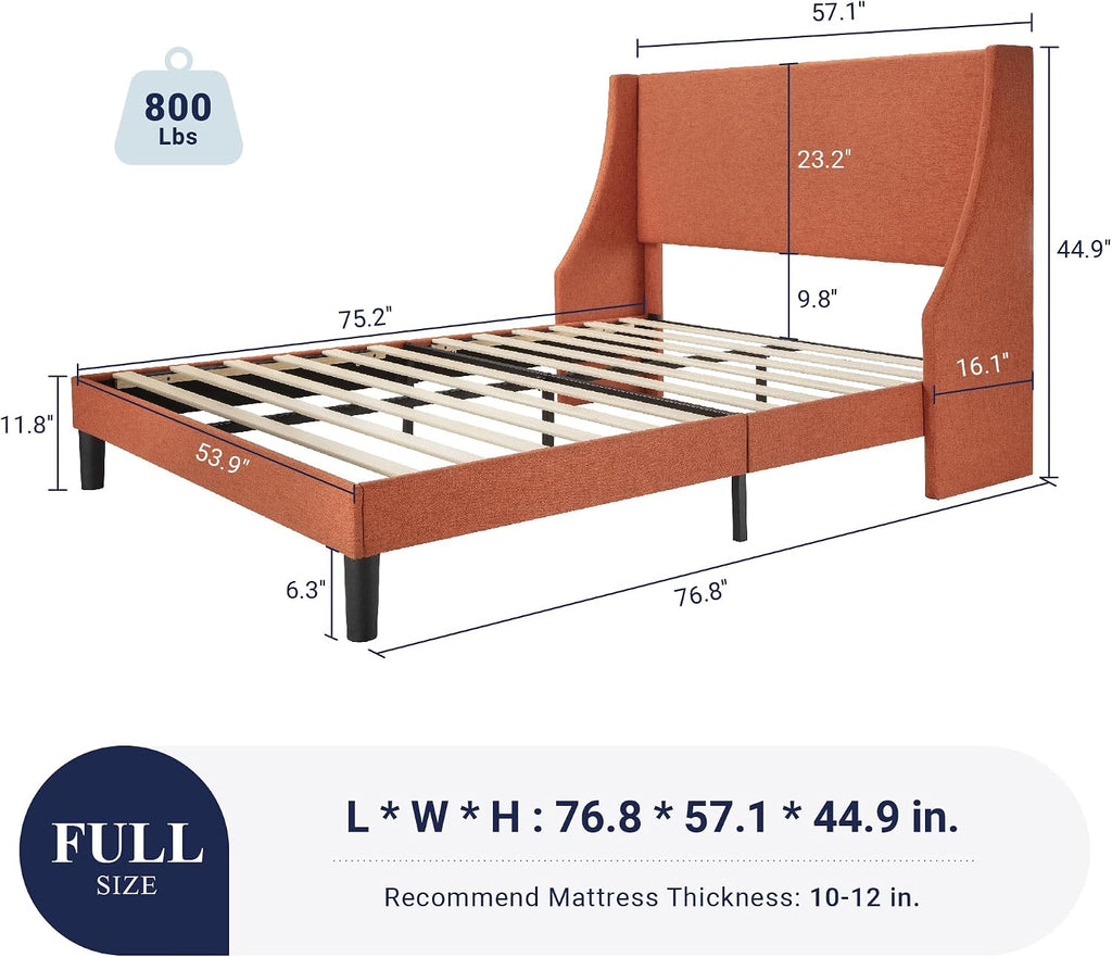 Allewie Full Size Platform Bed Frame with Upholstered Headboard, Modern Deluxe Wingback, Wood Slat Support, Mattress Foundation, Burnt Orange