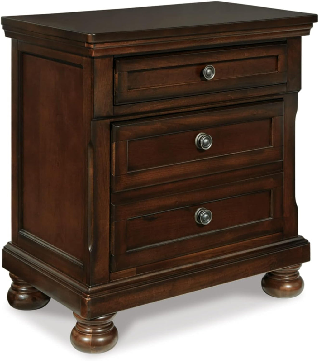Signature Design by Ashley Porter Traditional Wood Nightstand, Brown | Veneers, wood and engineered wood, 2 smooth-operating drawers, Hidden pull-out tray, Felt bottom, Bun feet