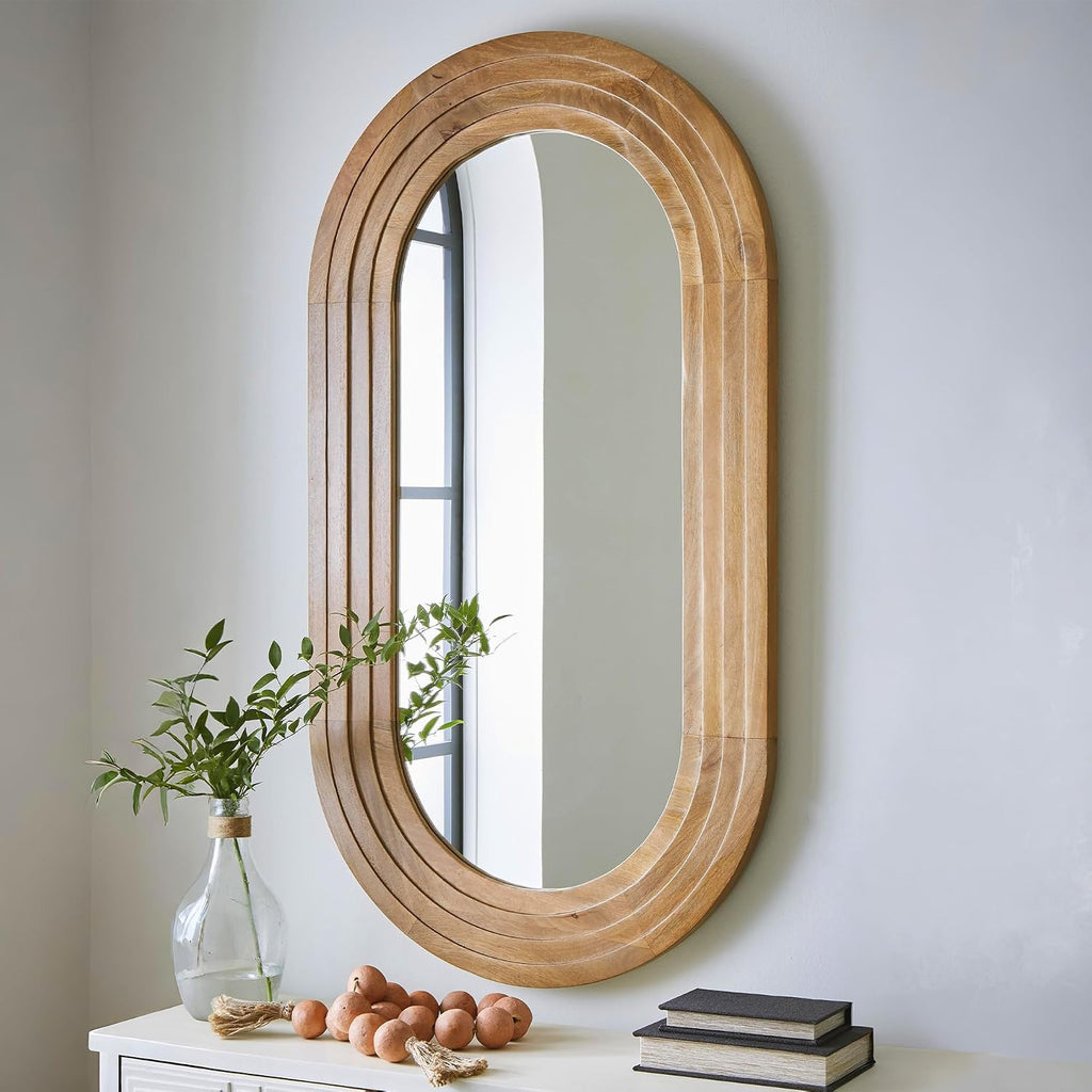 Signature Design by Ashley Large Oval Wall Mirror with Wood Finish Frame | Oval wood mirror crafted with mirrored glass, Light brown finish for vertical or horizontal hanging, Daverly Series