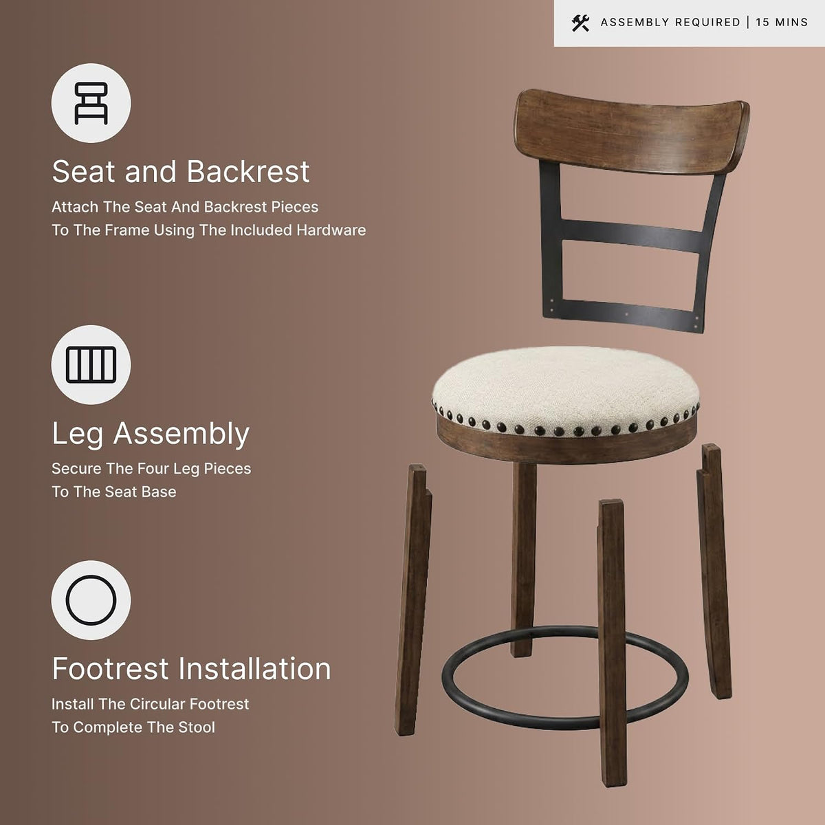 Signature Design by Ashley Valebeck Swivel Bar Stool with Back, 30 in | Wood & engineered wood, 360-degree swivel, Linen colored polyester, Rustic farmhouse style, 250 lb capacity