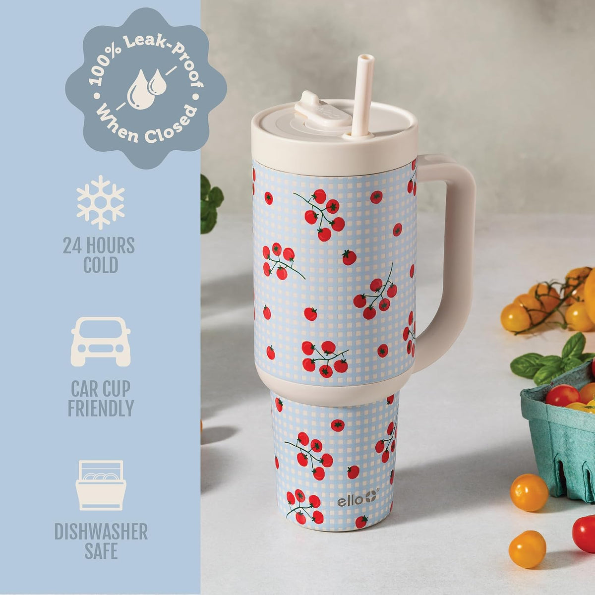 Ello Oasis 30oz Insulated Stainless Steel Tumbler with Straw, Picnic