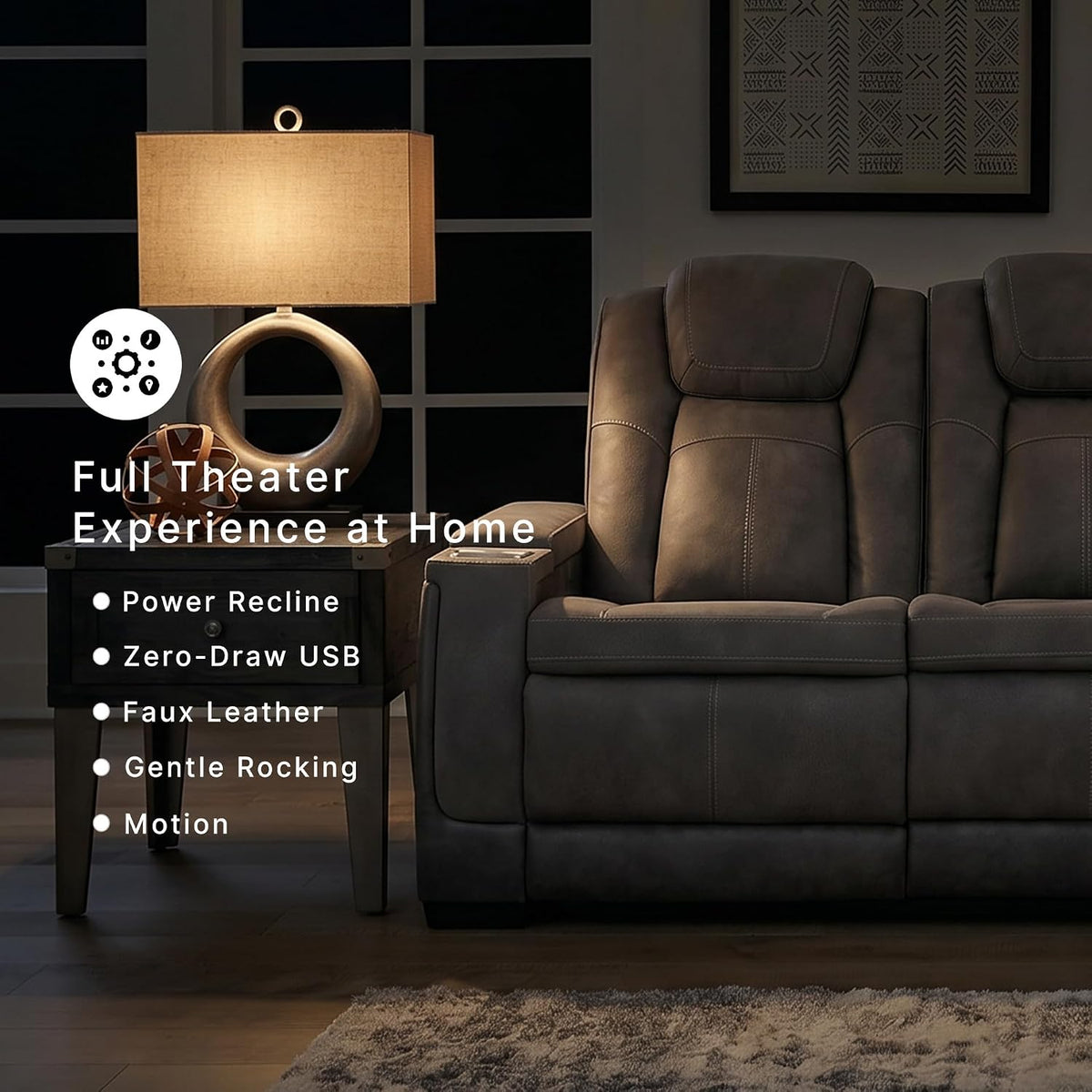 Signature Design by Ashley Faux Leather Power Reclining Sofa, Slate | 15-minute assembly, Zero gravity reclining couch, Drop-down table, Wireless charging, Power headrest, Next-Gen series