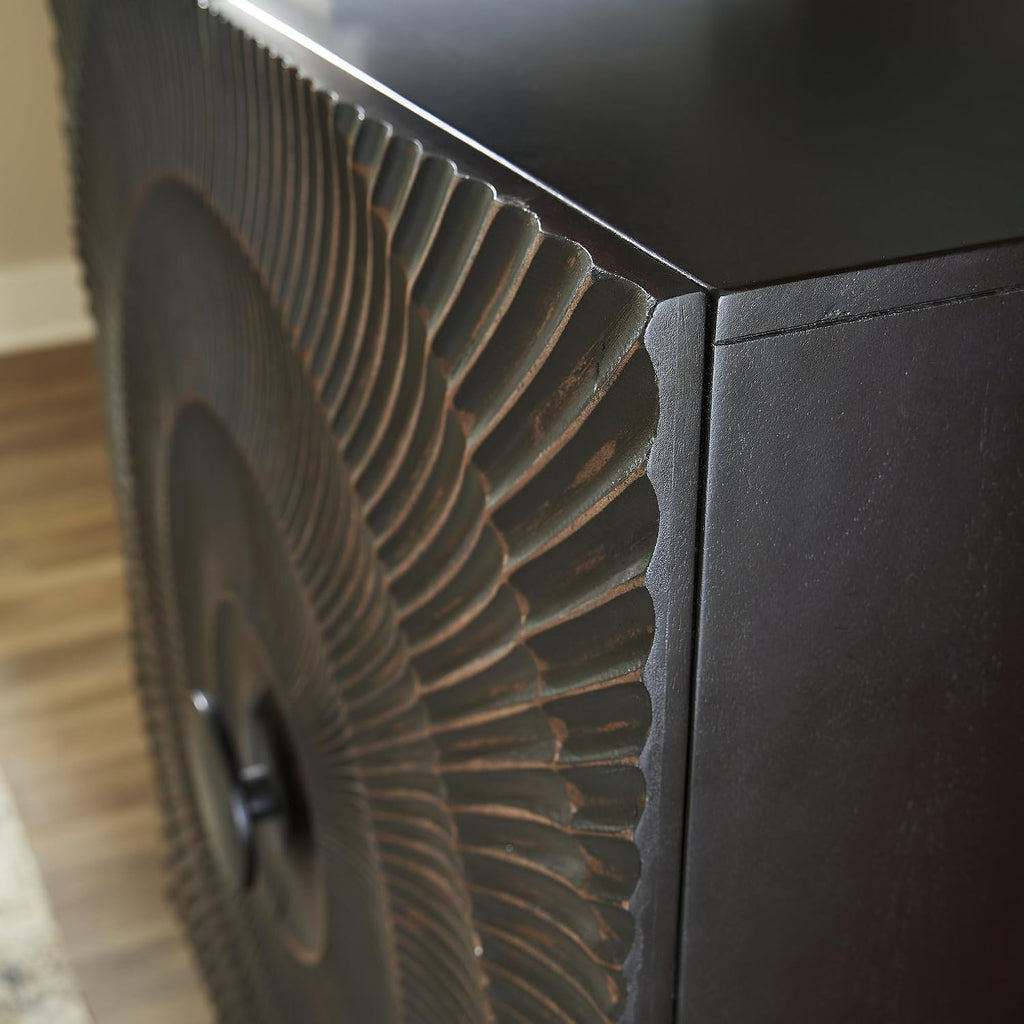 Signature Design by Ashley Fosterman Tall Sunburst Accent Cabinet, Black | Carved sunburst doors, Solid and engineered wood, 15-minute easy assembly, Storage credenza