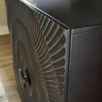 Signature Design by Ashley Fosterman Tall Sunburst Accent Cabinet, Black | Carved sunburst doors, Solid and engineered wood, 15-minute easy assembly, Storage credenza