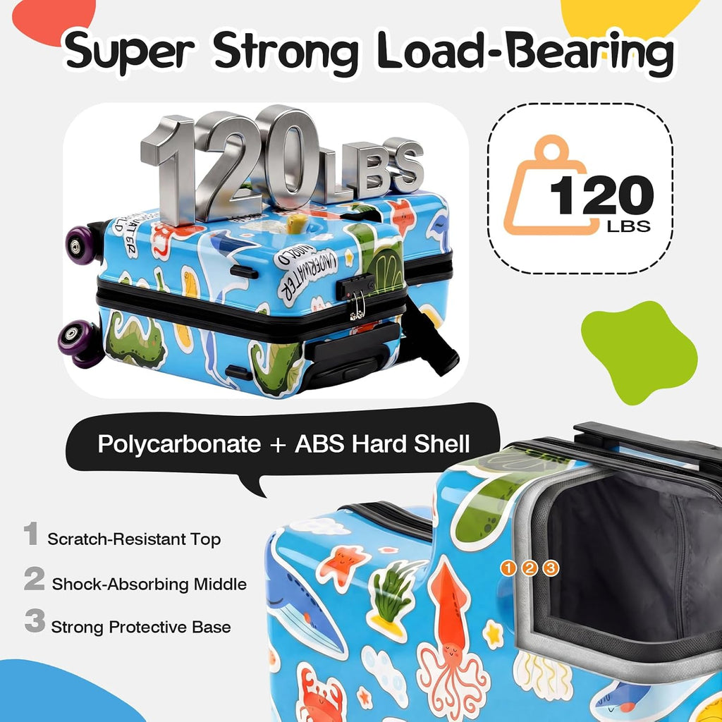 20" Ride On Luggage for Kids,Cute Pattern,Lightweight Hardshell Carry-On Luggage with Double Spinner Wheels,TSA Lock,Circular Handrail,Safety Belt,Foot Pedal,for Boys&Girls,Load Cap. 120 lbs (Blue)